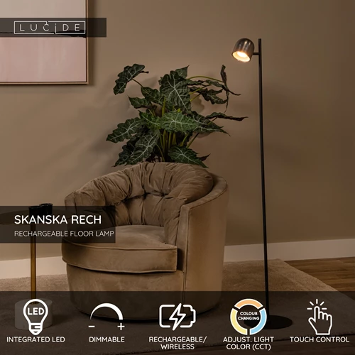 Lucide SKANSKA RECH - Rechargeable Floor lamp Indoor/Outdoor - Battery pack - Ø 23 cm - LED Dim. - CCT - 1x3W 3000K/6000K - IP44 - Grey iron - USP